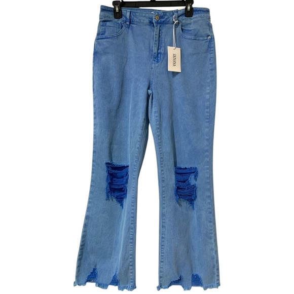 ZENANA Posey High Waist Destroyed Acid Wash Pants in Ocean Blue - Picture 2 of 10